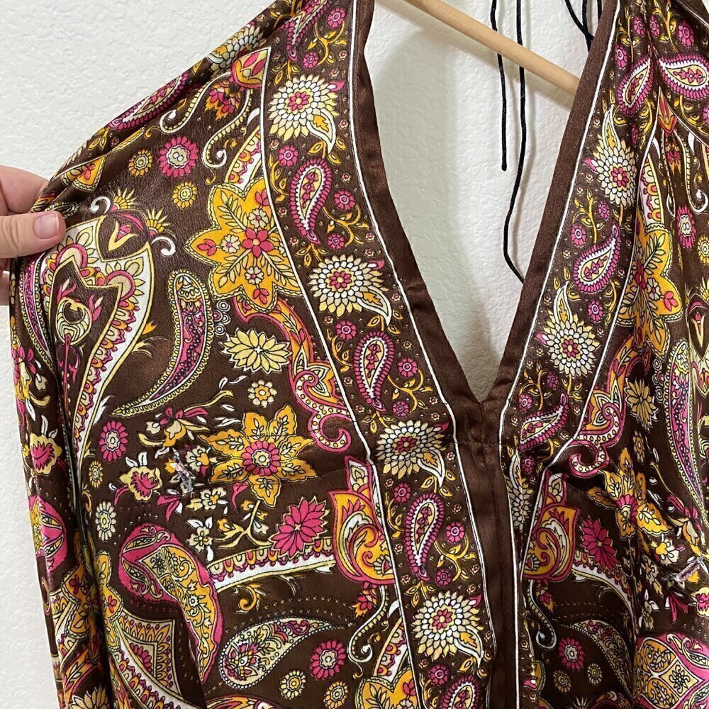 Brown Satin Scarf Handkerchief Halter Midi Dress Made in India - Picture 2 of 5